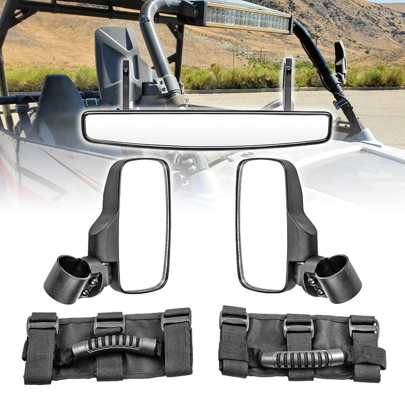 WSays 15" Wide Center View Mirror for 2" roll Bar & UTV Right Left Side Mirrors with 1.5"-2" Adjustable Clamp & Grab Handle Set Compatible with Can-Am Fit Polaris Fit Honda Talon Fit Kawasaki Kubota - Image 1